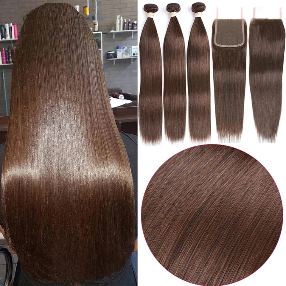 lumiere #4 Brown Straight Hair 4 Bundles With 4x4 Lace Closure Pre Colored human hair - Lumiere hair