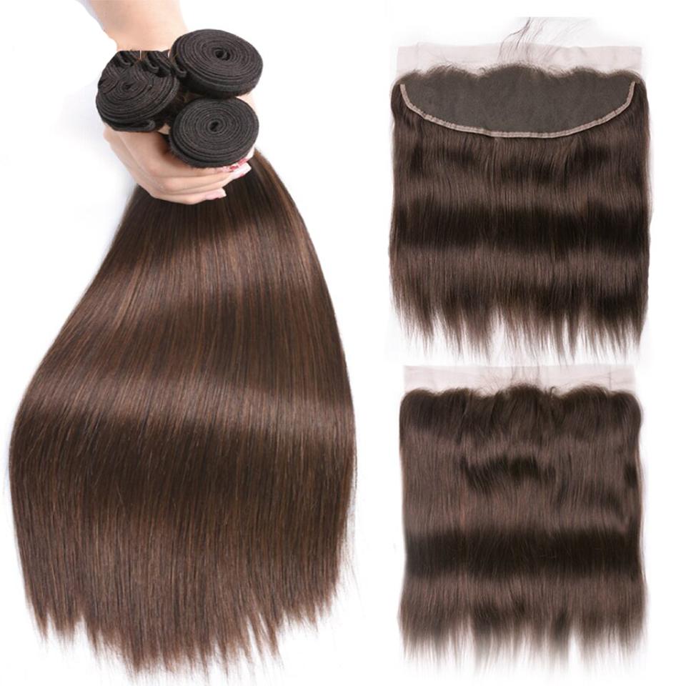 lumiere #4 Brown Straight Hair 4 Bundles With 13x4 Lace Frontal Pre Colored Ear To Ear - Lumiere hair