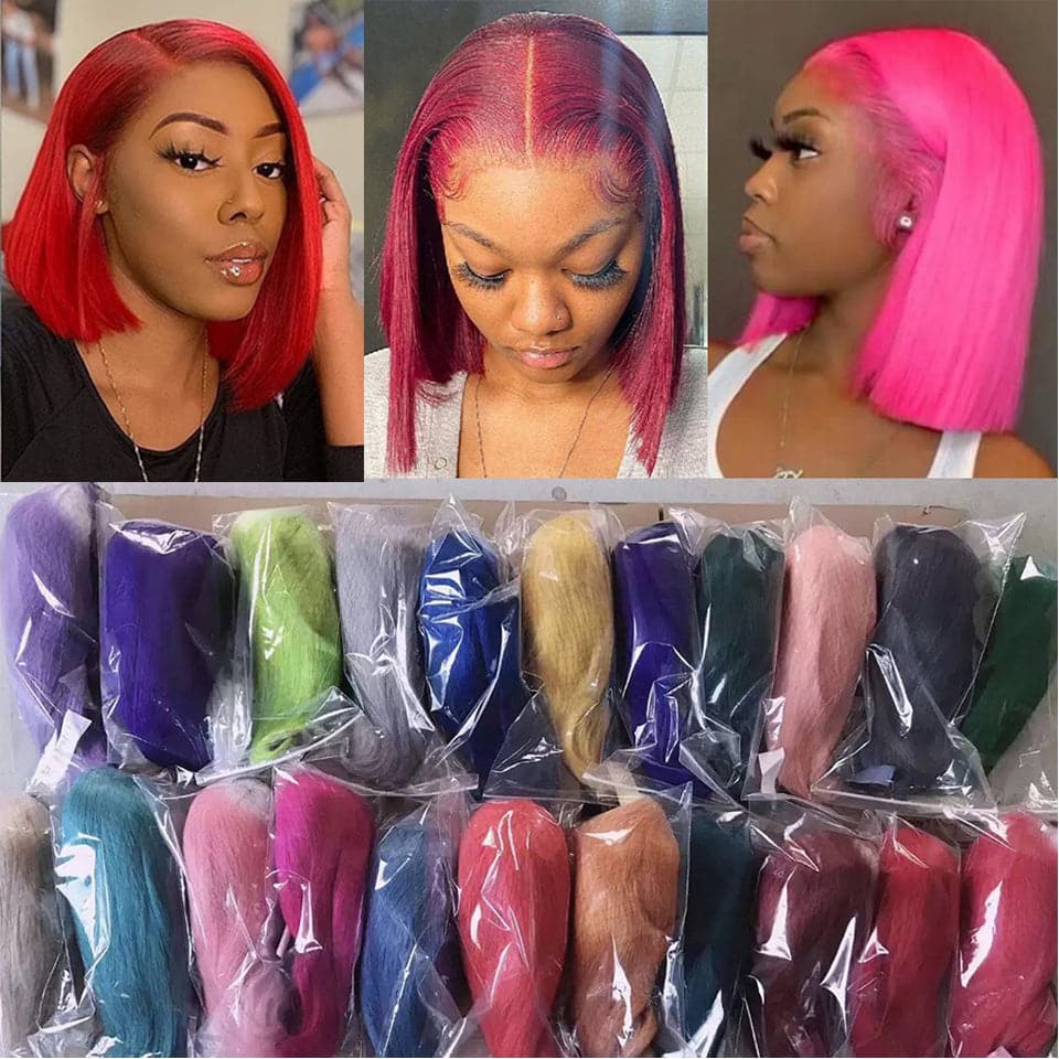 Hot Dark Pink Straight Short Bob  Lace Front Wig Human Hair Transparent Lace