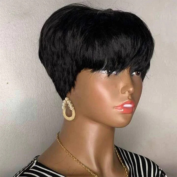 Natural Black Straight Short Bob Wigs With Bangs Full Machine Pixie Cut Wig Human Hair