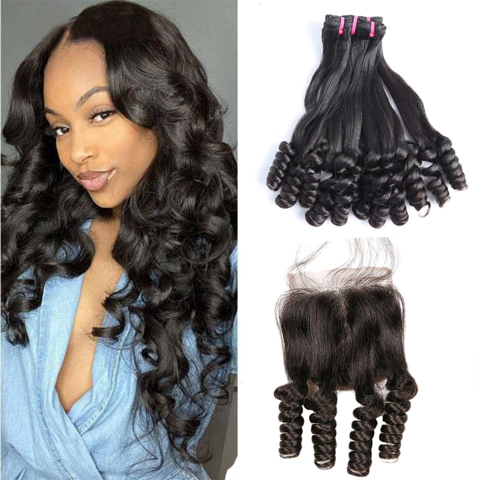 Straight Funmi 3 PCS Human Hair Bundles with 4x4 Lace Closure  3+1 Hair Bundles with HD Transparent Lace Closure