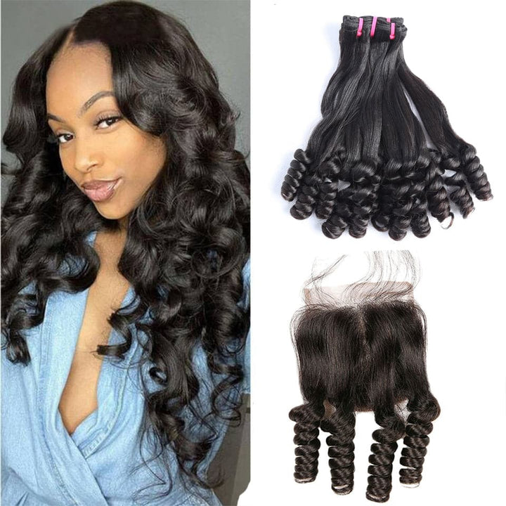 Straight Funmi 3 PCS Human Hair Bundles with 4x4 Lace Closure  3+1 Hair Bundles with HD Transparent Lace Closure