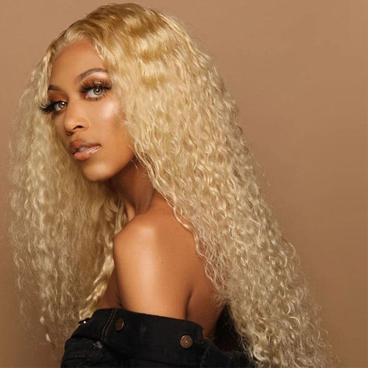613 Blonde Water Wave T Part Lace Human Hair Wig For Women