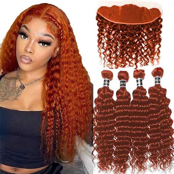 #350 Ginger Color Deep Wave 4 Bundles With 13x4 Frontal Transparent Lace Closure Frontal With Bundles Orange Remy Human Hair