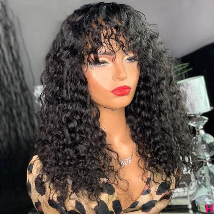 Water Wave Natural Looking Full Machine Made Wigs With Bangs 8-30 inches None Lace