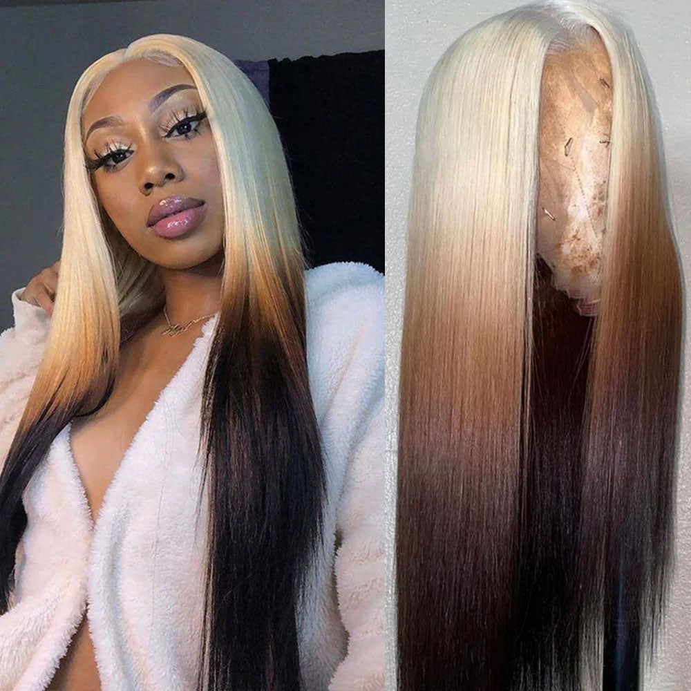 Ombre Blonde & Black Straight 13x4/4x4 Lace Closure perruque 150%/180% Densité
