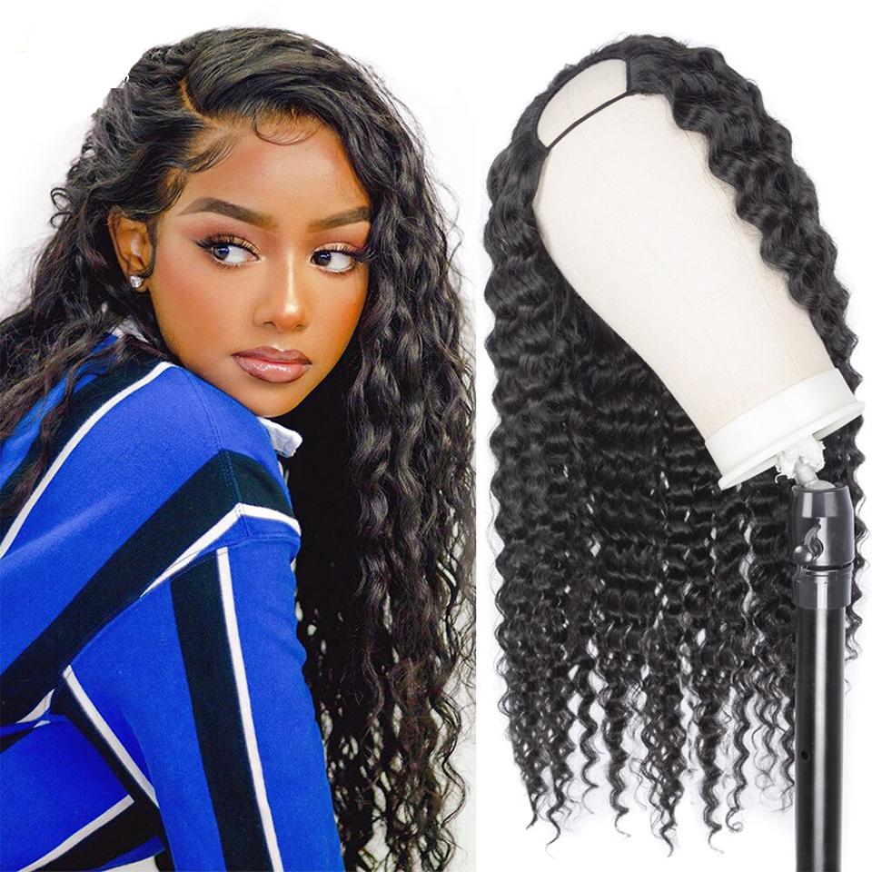 U Part Wig Human Hair Wig Deep Wave Human Hair Wigs Natural Black