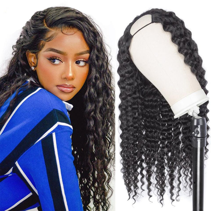 U Part Wig Human Hair Wig Deep Wave Human Hair Wigs Natural Black