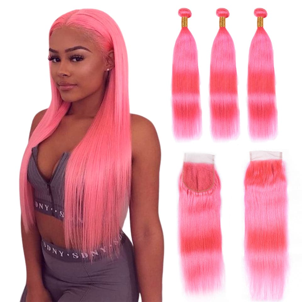 Light Pink Color Straight Hair 3 Bundles with 4x4 HD Lace Closure Human Hair Extensions