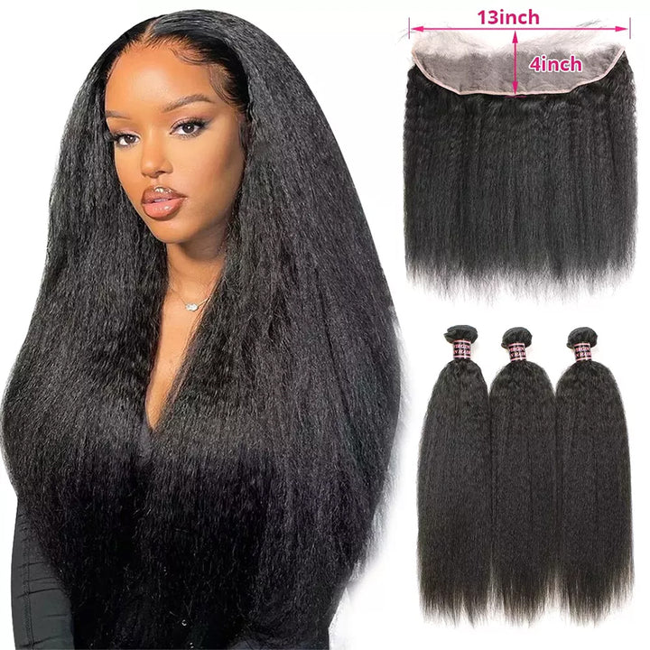 Lumiere Kinky Straight 3 Bundles with 13x4  Lace Frontal Pre Plucked Transparent human hair extensation