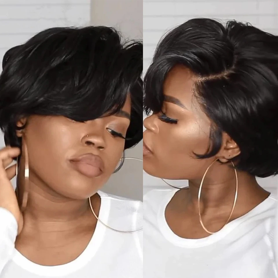 Naturel Noir 13x1 T Lace Side Part Straight Short Pixie Cut Bob Perruques Pour Les Femmes