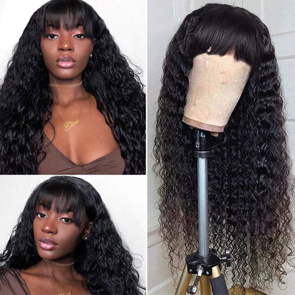 Lumiere Kinky Curly Machine Made None Lace Wig With Bangs Perruques de cheveux humains
