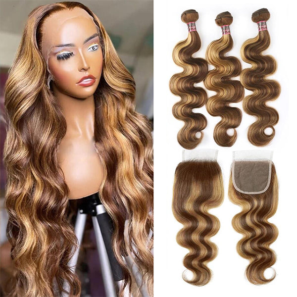 Mettez en surbrillance P4 / 27 Ombre Colored Body Wave 3 Bundles avec fermeture à lacets 4X4