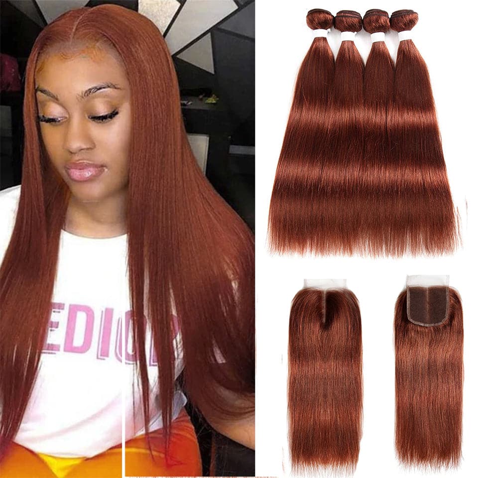 lumiere color #33 Straight Hair 4 Bundles With 4x4 Lace Closure Pre Colored human hair(No Code Need)