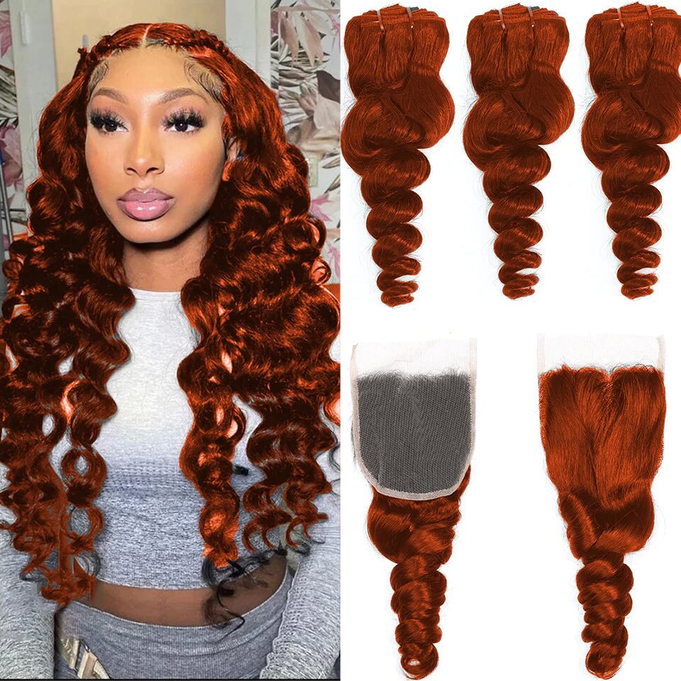 #350 Ginger Color Loose Wave 3 Bundles With 4x4 Lace Closure