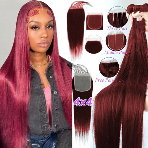 Red Bundles 99j Bone Straight Human Hair 3 Bundles With 4x4 Closure Dark Burgundy Brazilian Remy Closure
