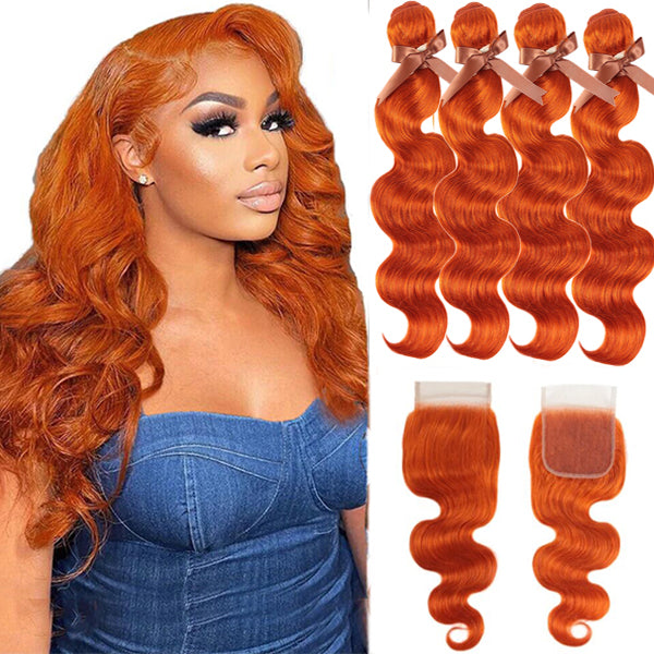 Ginger Orange #350 Body Wave 4 Bundles With 4X4 Lace Closure Brazilian 100% Human Hair(No Code Need)