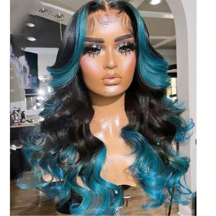 Skunk Stripe Black And Highlight Blue Ombre Body Wave 13x4/4x4 Lace Front Human Hair Wigs