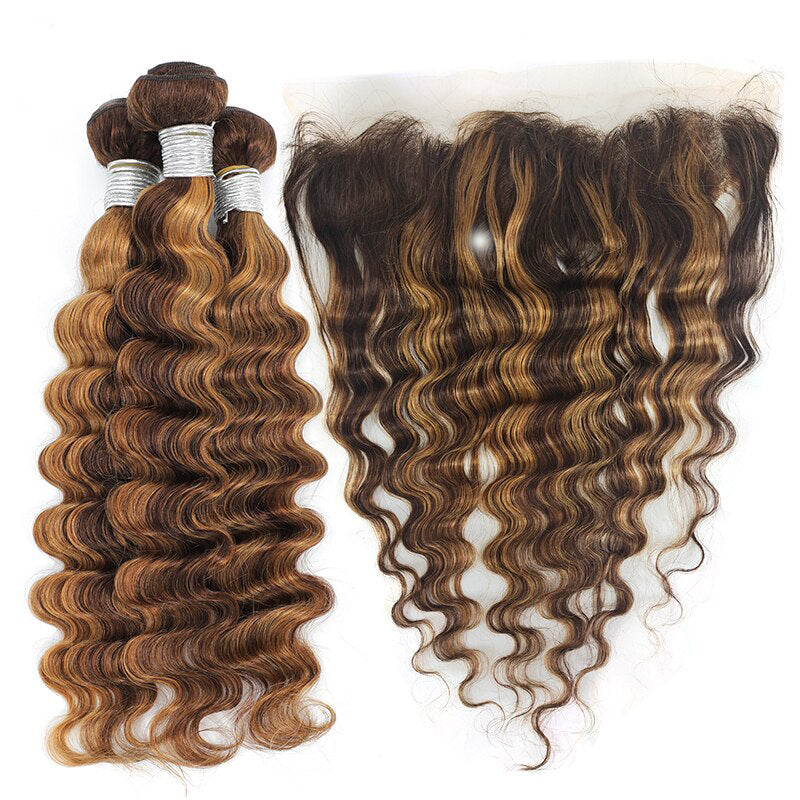 Highlight P4/27 Loose Deep 3 Bundles With 13x4 Transparent Lace Frontal Brazilian Hair