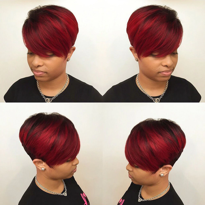 Ship In 24Hours-Lumiere Lumiere #1B/99J Short Pixie Cut Straight Bob With Bangs Full Machine None Lace Human Hair Wig