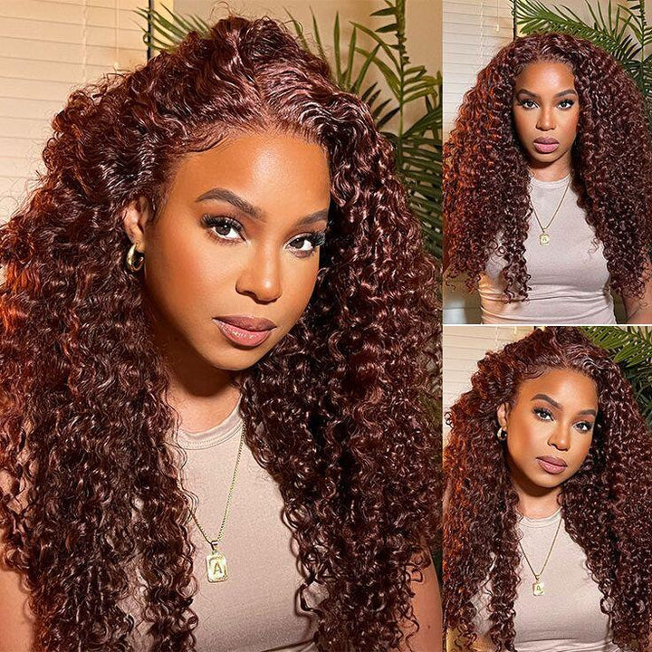 #33 Reddish Brown Kinky Curly Hair Transparent Lace Wig For Brown Skin Women