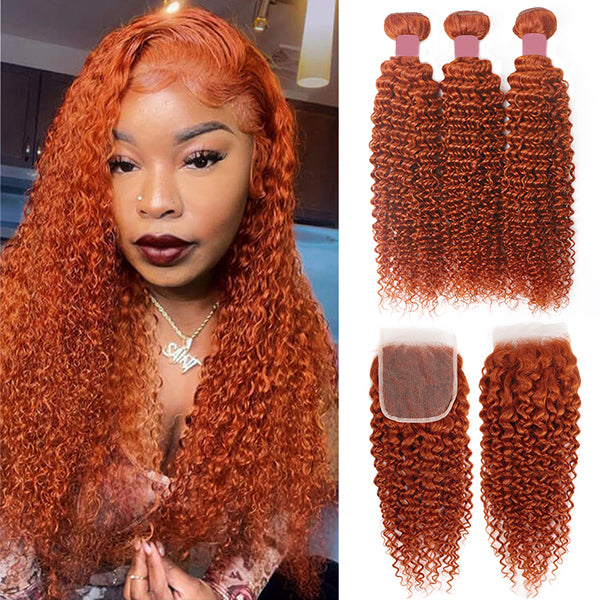 #350 Ginger Orange Kinky Curly 3 Bundles With 4X4 Lace Closure Brazilian Human Hair