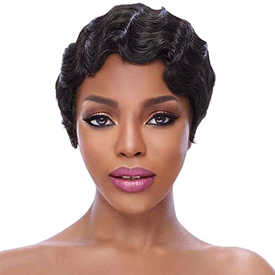 Pixie Cut Finger Wave Short Bob Full Machine None Lace Front Wigs 100% Human Hair Goodcang