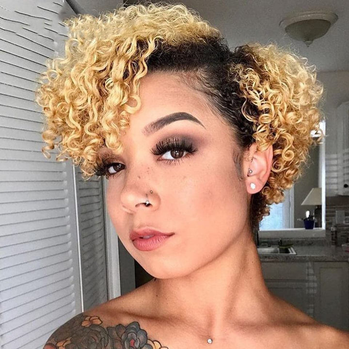 Ship In 24Hours-Lumiere Curly Hair Ombre Colored T/27 Short Pixie Cut Wig For Women 13x4x1 Side Part Wigs