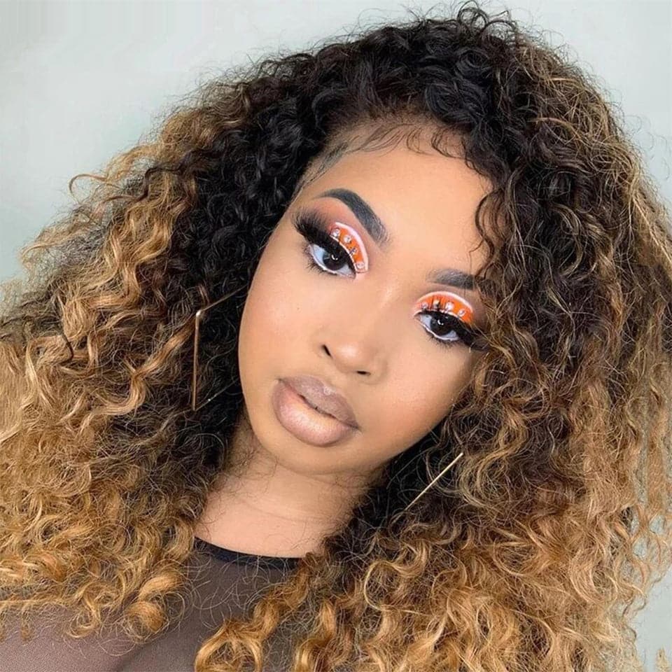 T1B 30 Ombre Kinky Curly Transparent Lace Front Human Hair Wig