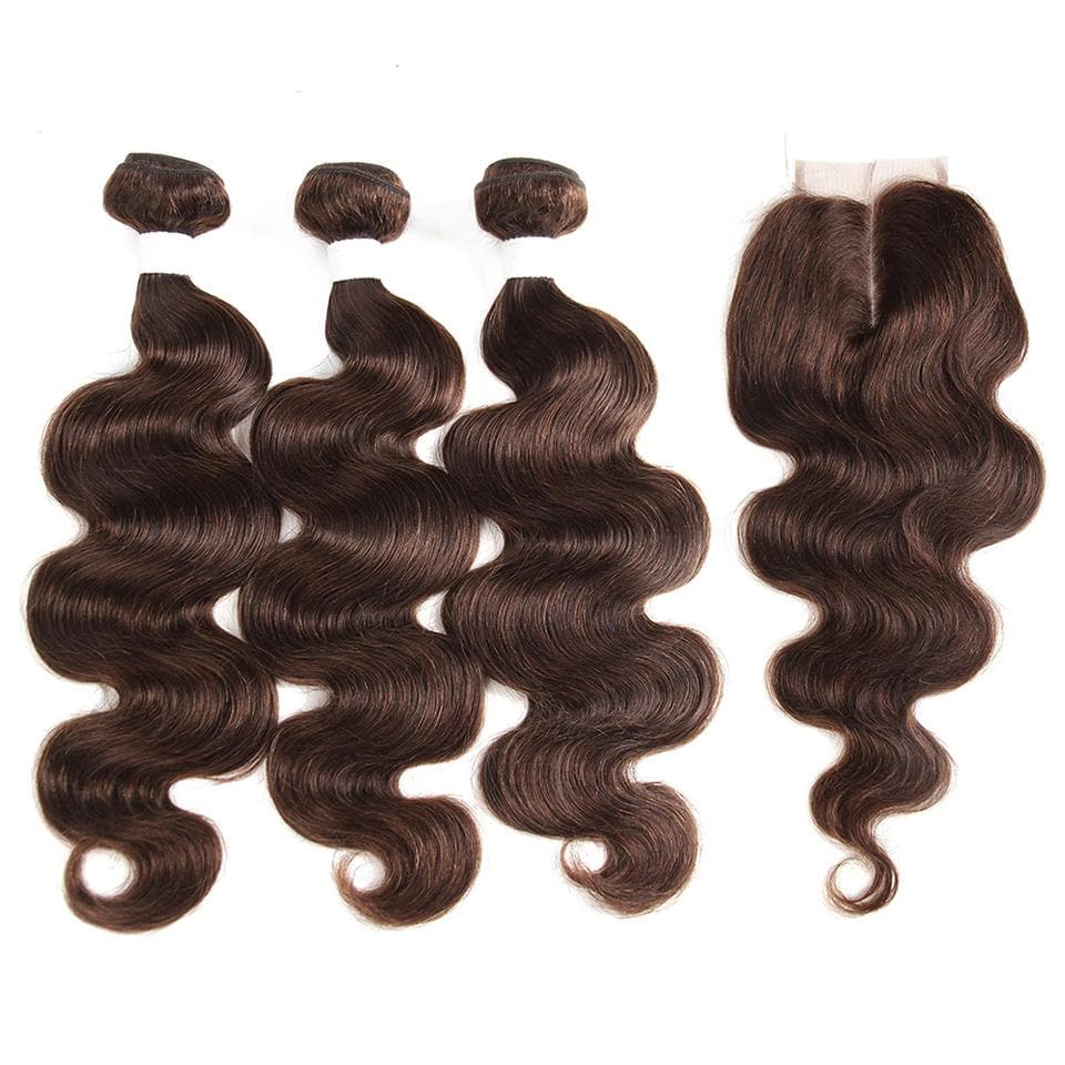 lumiere #4 Brown Body Wave 3 Bundles With Closure 4x4 pre Colored 100% virgin human hair - Lumiere hair