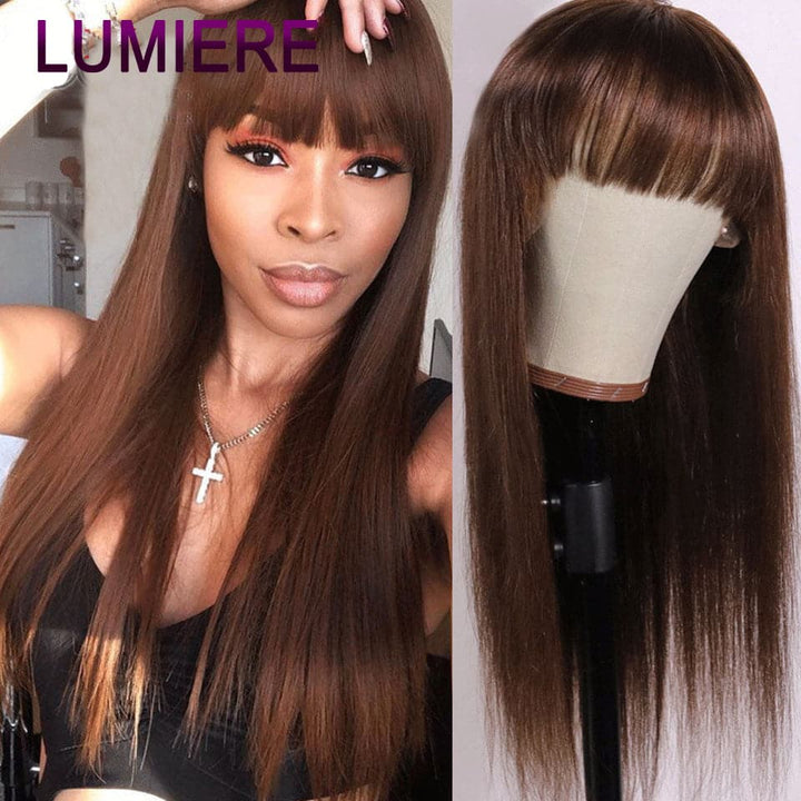 #4 Brown Straight Full Machine Made None Lace Wig With Bangs Human Hair