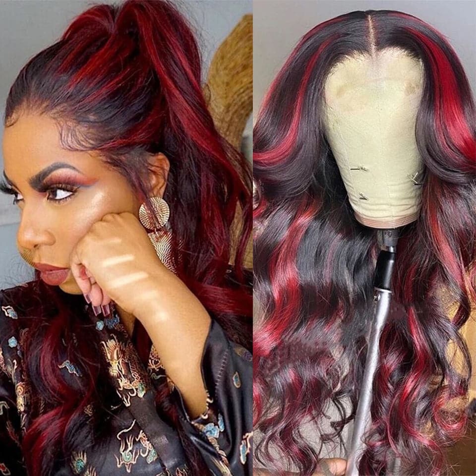 Ombre Noir Bourgogne mis en évidence Body Wave 13X4 / 4x4 Lace Frontal Wigs