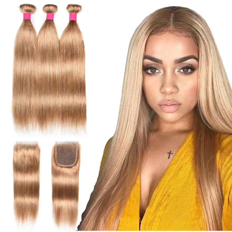 lumiere #27 light Brown Straight Hair 3 Bundles With Closure 4x4 pre Colored 100% virgin human hair - Lumiere hair