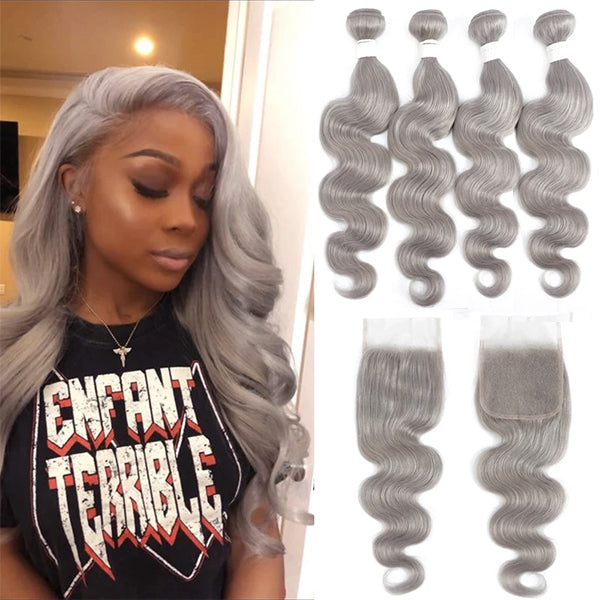 Grey Silver Body Wave 4 Bundles with 4x4 Closure 100% Human Hair Extensions