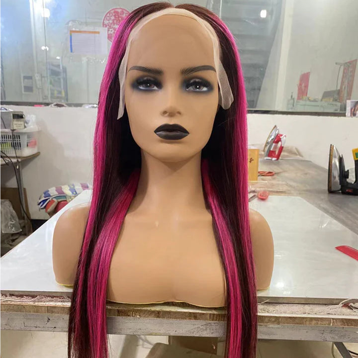 Hot Pink and Black Skunk Stripe Straight Hair 13x4 Lace Frontal Skunk Stripe Wigs For Women