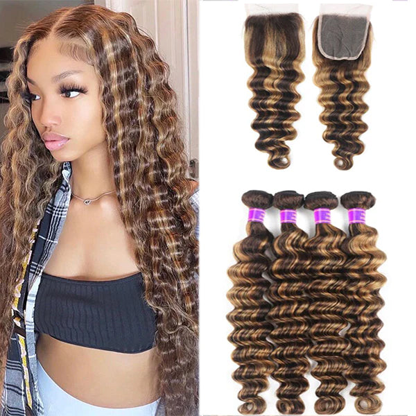 P4 30 Highlight Loose Deep 4 Bundles With 4x4 Lace Closure Brazilian R Lumiere Hair