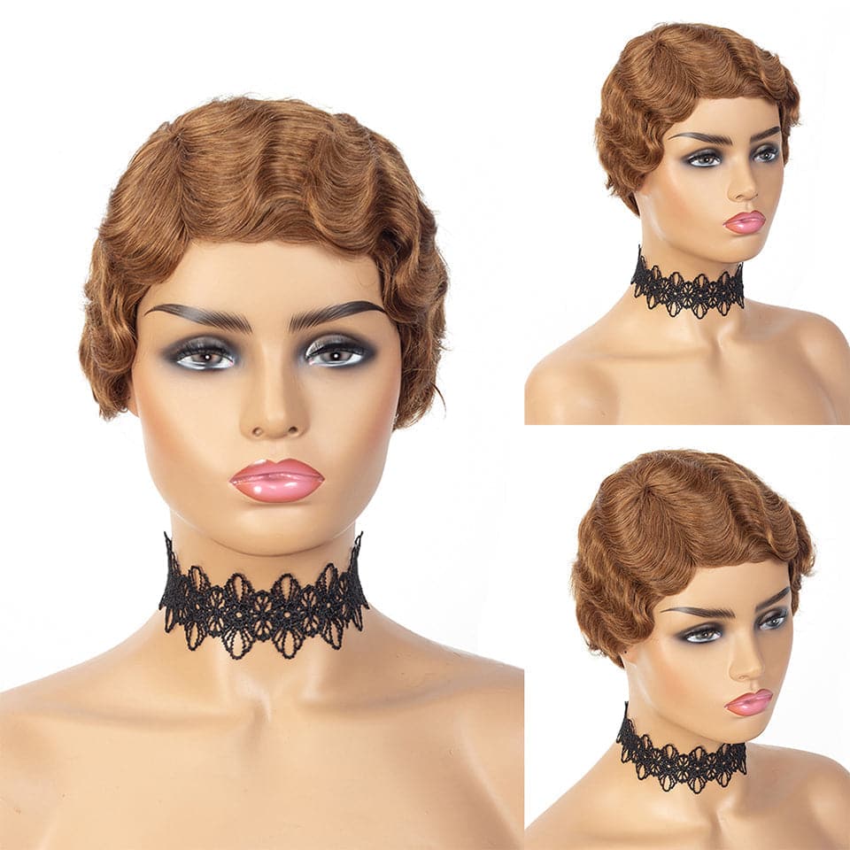 #2 Pixie Cut Finger Wave Short Bob 100% Cheveux Humains Full Machine Aucun Lace Front Wigs