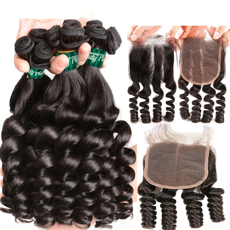 Brazilian Funmi Loose Wave 3 Bundles with 4x4 HD Transparent Lace Closure