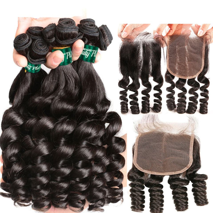 Brazilian Funmi Loose Wave 3 Bundles with 4x4 HD Transparent Lace Closure