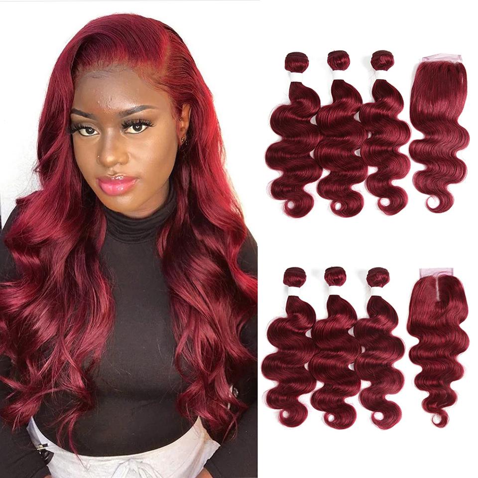 Red Bundles Color burg body wave 3 Bundles With Closure 4x4 pre Colored 100% virgin human hair