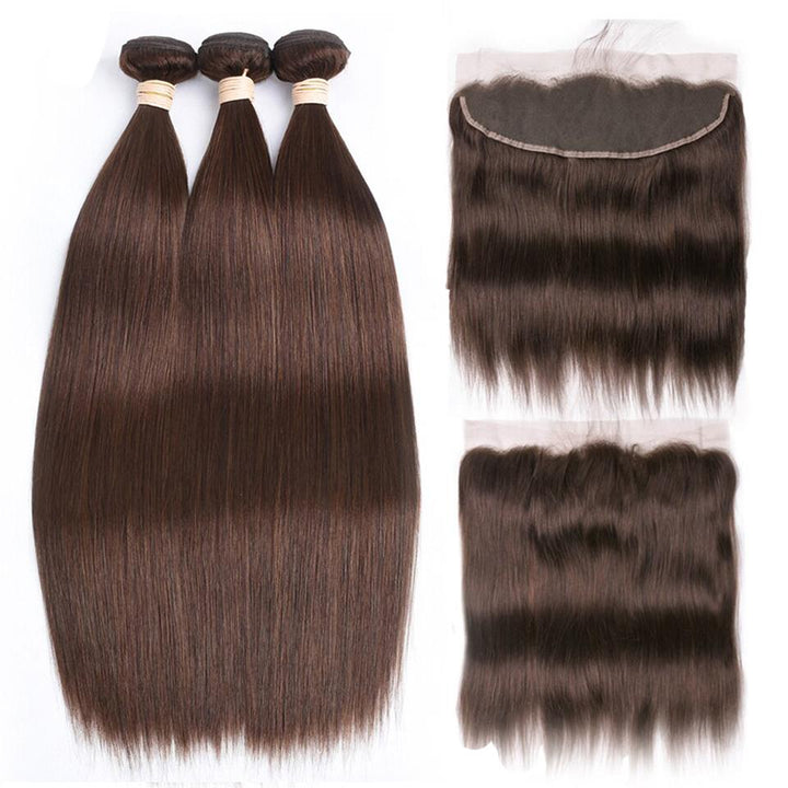 lumiere #4 Brown Straight Hair 3 Bundles With 13x4 Lace Frontal Pre Colored Ear To Ear - Lumiere hair