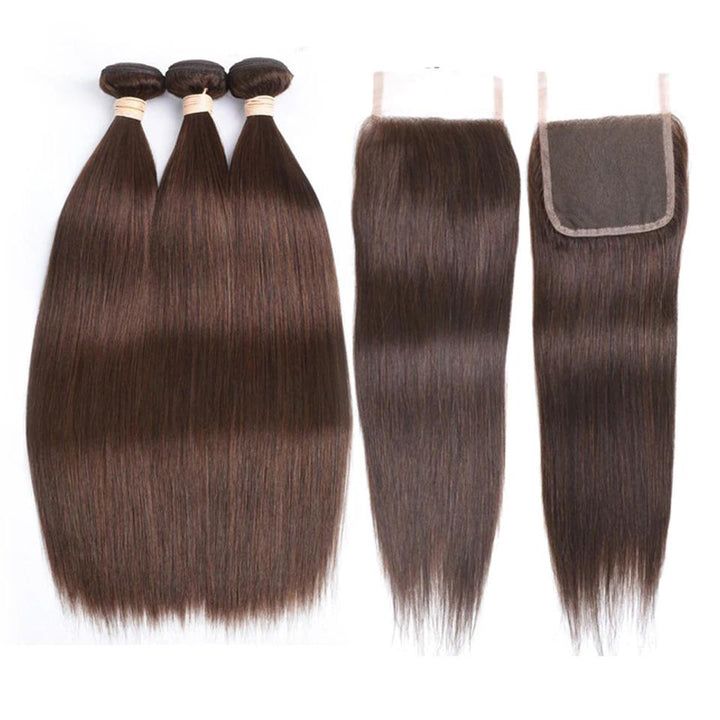 lumiere #4 Brown Straight Hair 3 Bundles With Closure 4x4 pre Colored - Lumiere hair