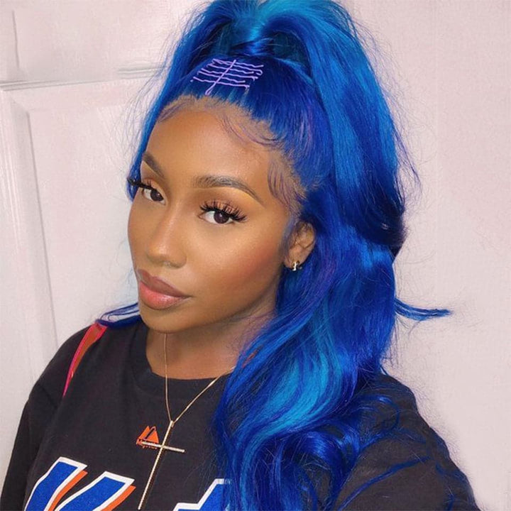 Klein Blue Body Wave Lace Frontal / Closure Human Hair Wig For Women