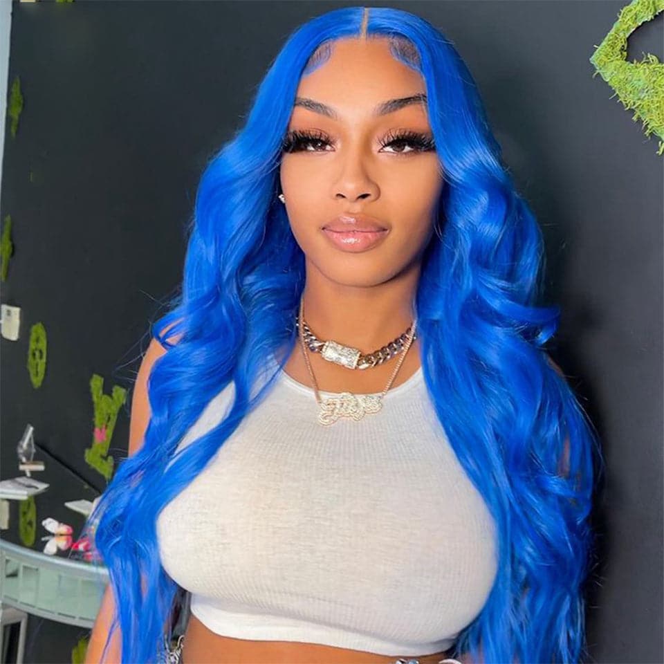Klein Blue Body Wave Lace Frontal / Closure Human Hair Wig For Women