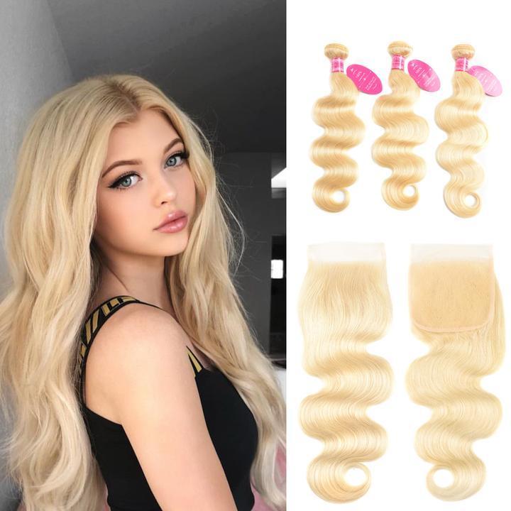 613 Blonde Color 2 Bundles Body Wave with 4x4 Closure Virgin Human Hair