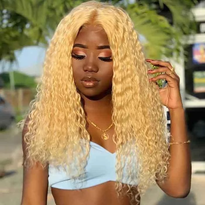 613 Blonde Water Wave T Part Lace Human Hair Wig For Women