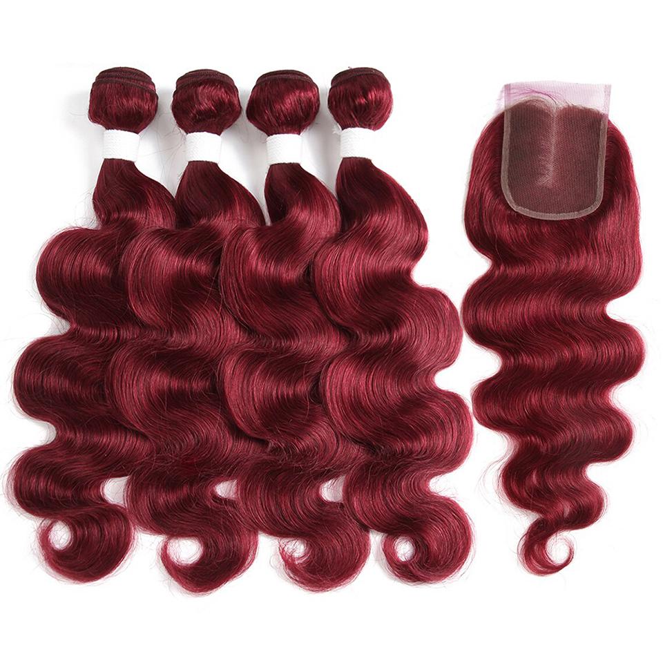 red bundles color burg body wave 4 Bundles With 4x4 Lace Closure Pre Colored human hair