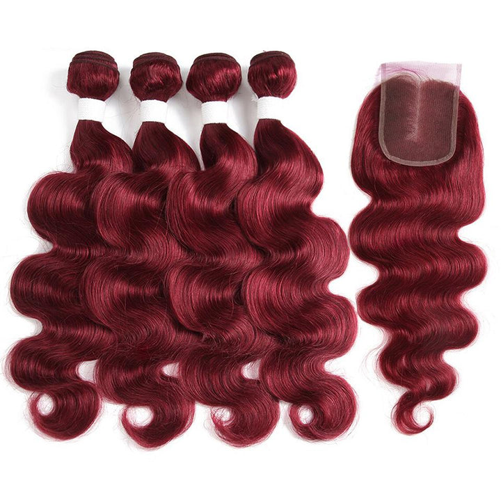 red bundles color burg body wave 4 Bundles With 4x4 Lace Closure Pre Colored human hair