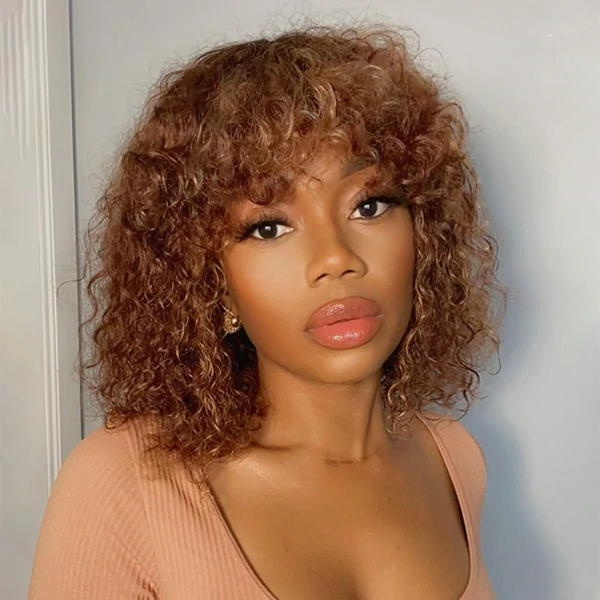 Caramel 1B/30 Kinky Curly Short Bob Wig With Bangs None Lace Machine Human Hair Wigs