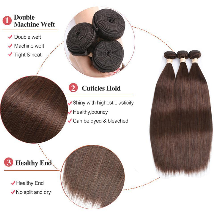 lumiere Color #4 Brown Straight Hair 3 Bundles 100% Virgin Human Hair Extension - Lumiere hair